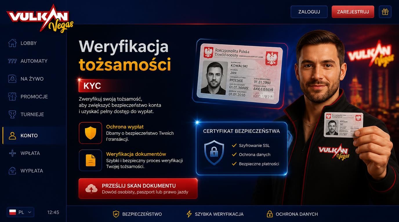 dokument tożsamości oraz ikona tarczy symbolizująca proces KYC w Vulkan Vegas
