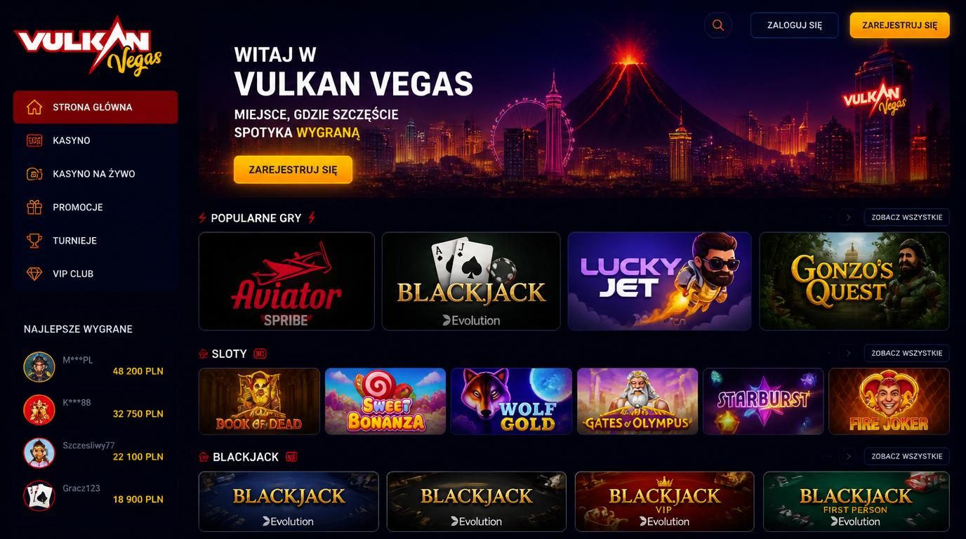 Ikony popularnych gier Vulkan Vegas wieczorem, ciemny motyw interfejsu