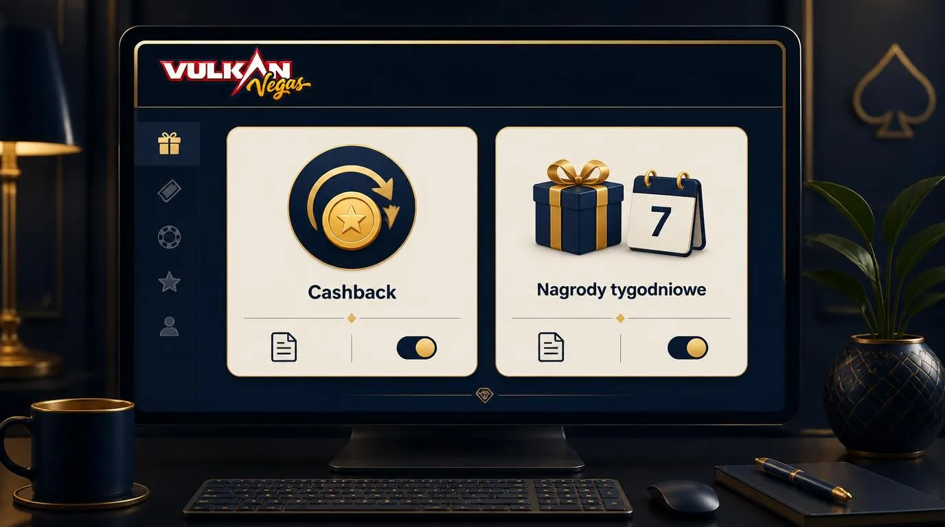 Panel promocji kasynowych z kartami cashbacku, nagród tygodniowych i kalendarzem dostępnych ofert