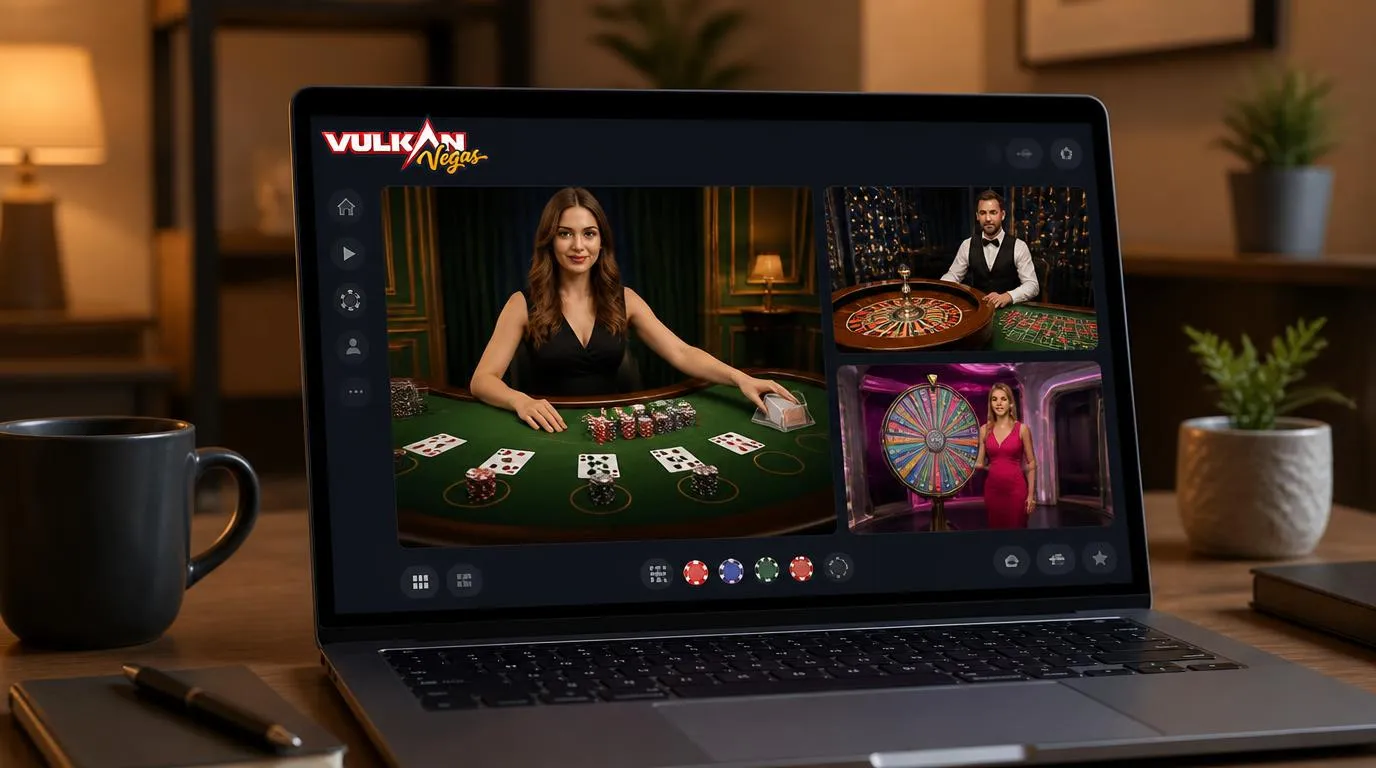 Krupierka przy stole blackjacka na ekranie laptopa, obok podgląd ruletki i teleturnieju na żywo